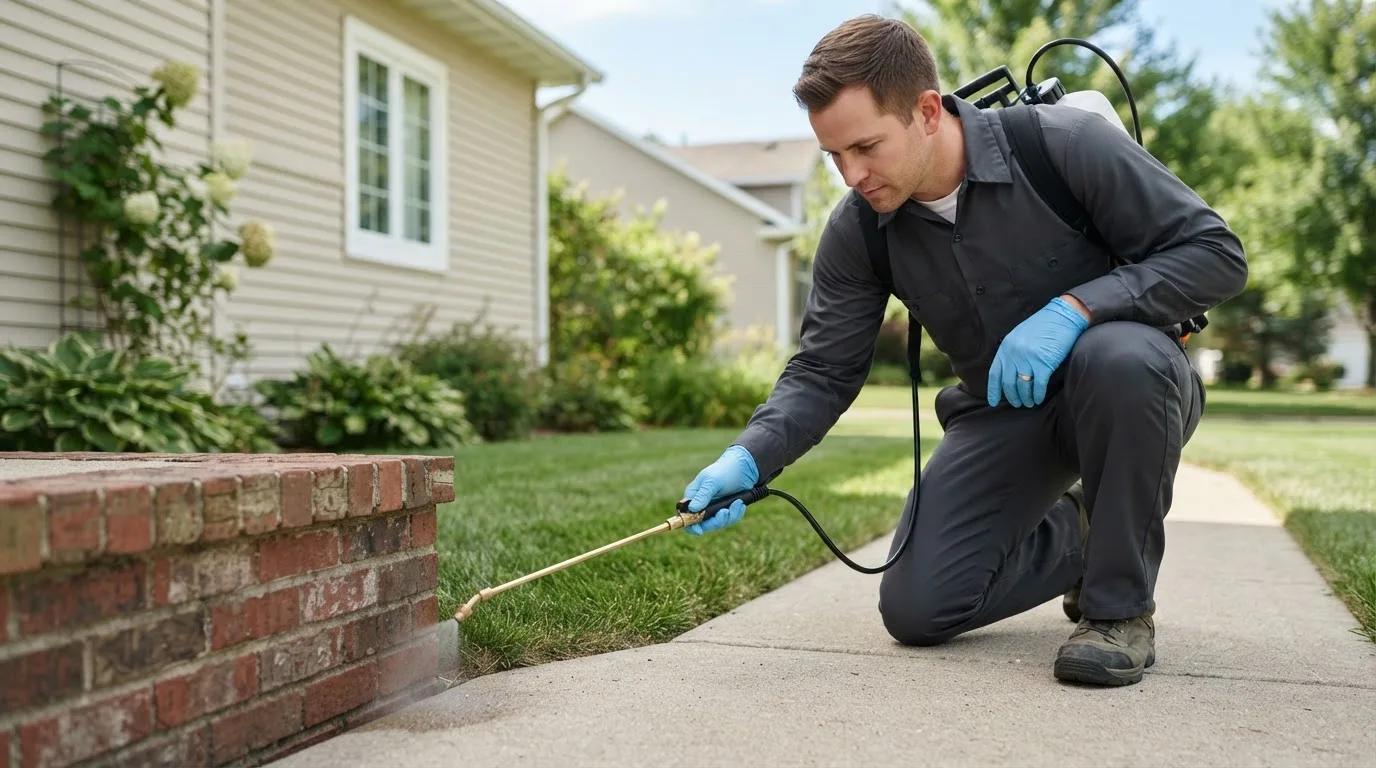 Pest control technician treating a home near Falconer, NY