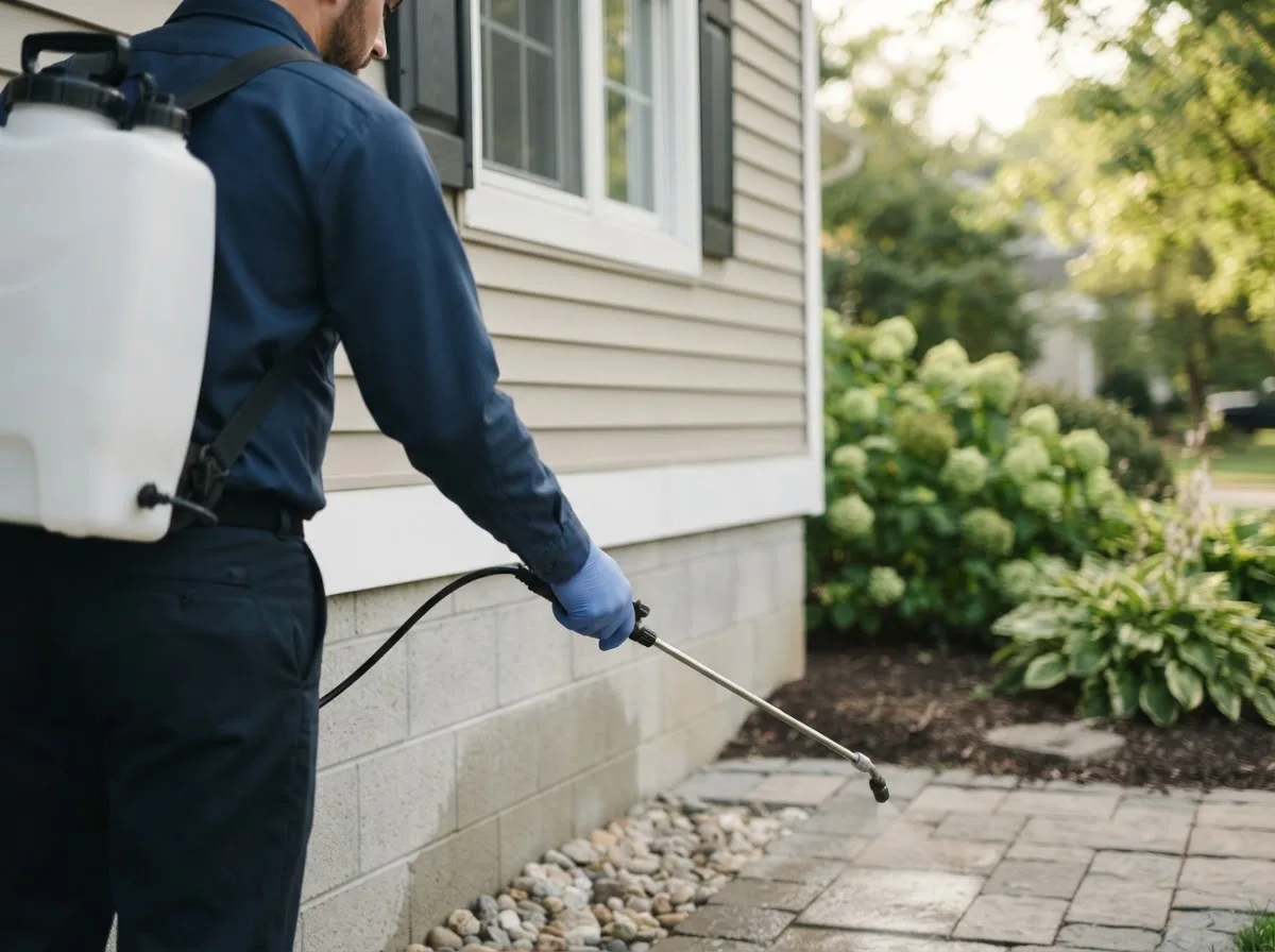 Pest control technician inspecting a home in Falconer, NY